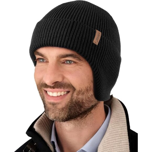 Other - Men's Black Winter Warm Fleece Lined Knitted Outdoor Earflaps Beanie Hats